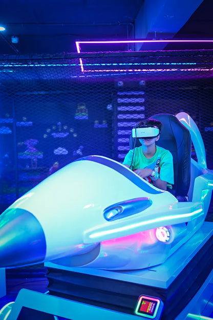 A child wearing a VR headset sits in a futuristic simulator, immersed in a neon-lit arcade.