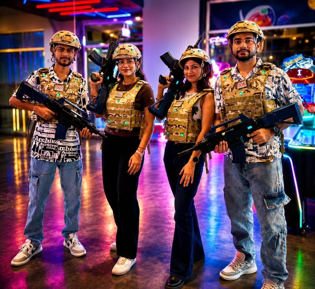 Four young adults in tactical gear and helmets pose with laser tag guns in a neon-lit arcade.