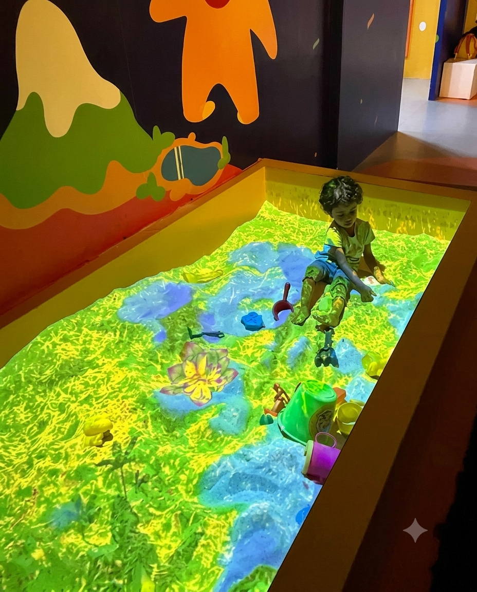 A young child plays in a sandbox with projected interactive graphics of a vibrant landscape.