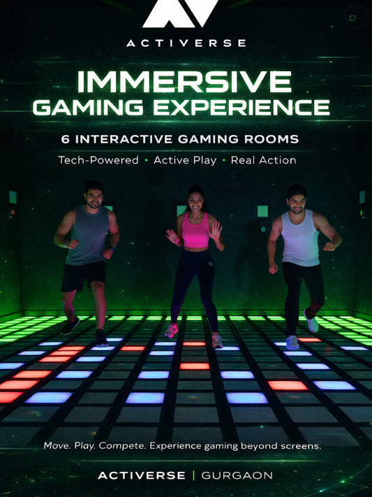 Young adults play an interactive game on a light-up floor in a neon-lit room.