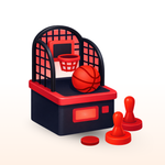 Toy basketball arcade machine with a ball and figures on a white background