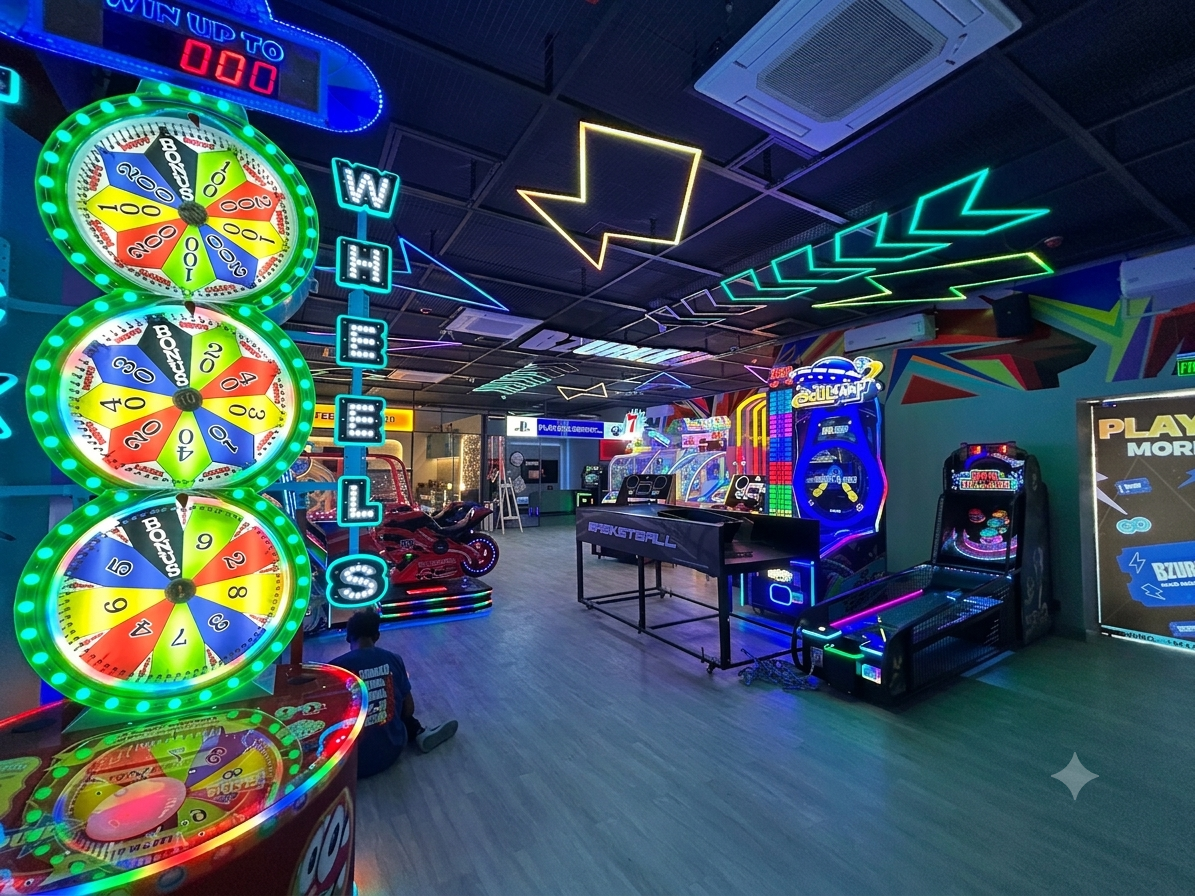 An arcade with colorful games and neon lights, featuring a child sitting on the floor.