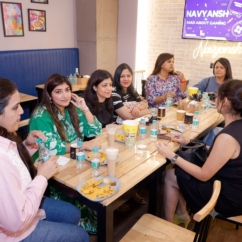 A group of young women sit at a table in a cafe, enjoying drinks and snacks.
