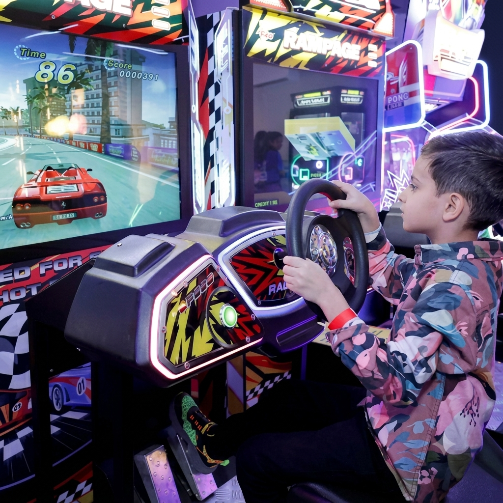 A young boy plays a racing arcade game, gripping the steering wheel as a virtual car speeds across the screen.