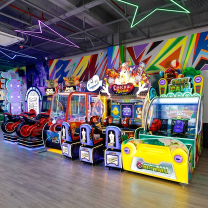 An arcade with colorful game machines and neon lights.