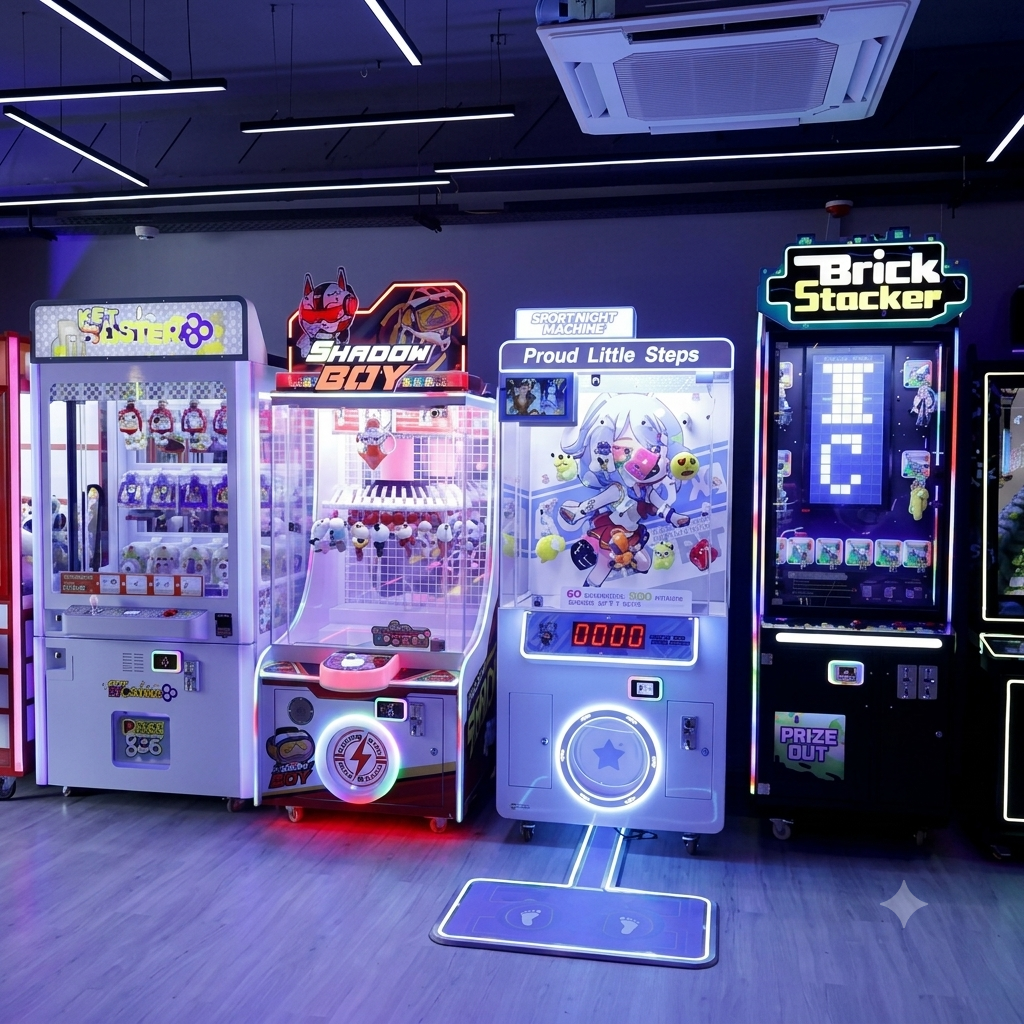 Arcade claw machines with colorful prizes and neon lights, likely in an entertainment center.