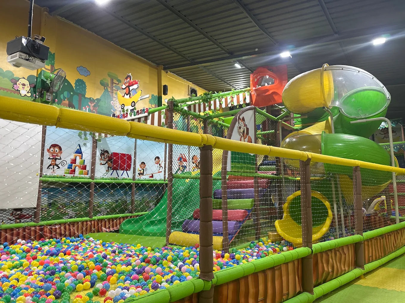 A colorful indoor playground with slides, ball pit, and jungle-themed decorations for children.