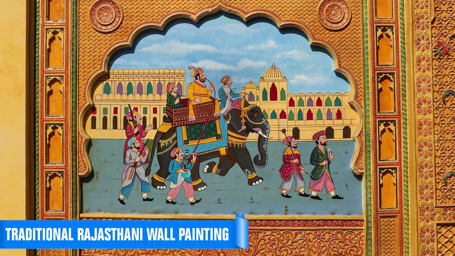 Traditional Rajasthani wall painting depicts a procession with an elephant carrying people, accompanied by guards, in front of a palace.
