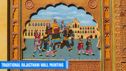 Traditional Rajasthani wall painting depicts a procession with an elephant carrying people, accompanied by guards, in front of a palace.