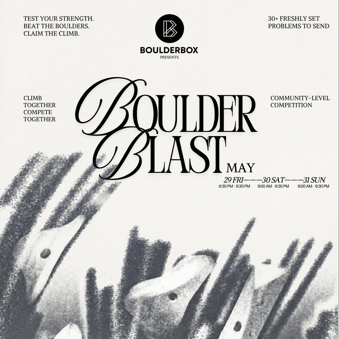 Promotional poster for Boulder Blast climbing event with boulders in the background