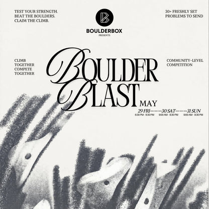 Promotional poster for Boulder Blast climbing event with boulders in the background