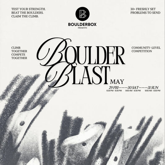 Promotional poster for Boulder Blast climbing event with boulders in the background