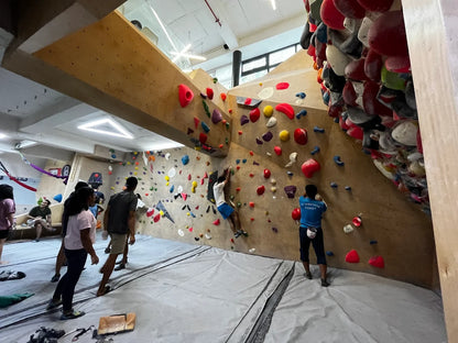 Adults boulder at an indoor climbing gym with colorful holds on a wooden wall.