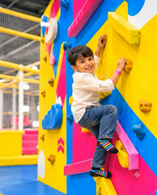 A young boy smiles while climbing a colorful indoor climbing wall.