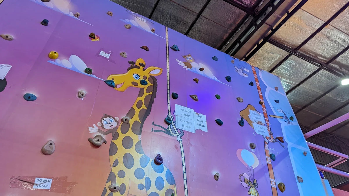 A colorful indoor climbing wall for children features cartoon animals and climbing holds.