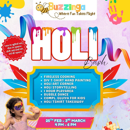 Promotional poster for a Holi Bash event with colorful design and child in purple dress.