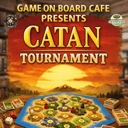 Advertisement for Catan Tournament at Game on Board Cafe with board game setup and sunset background.