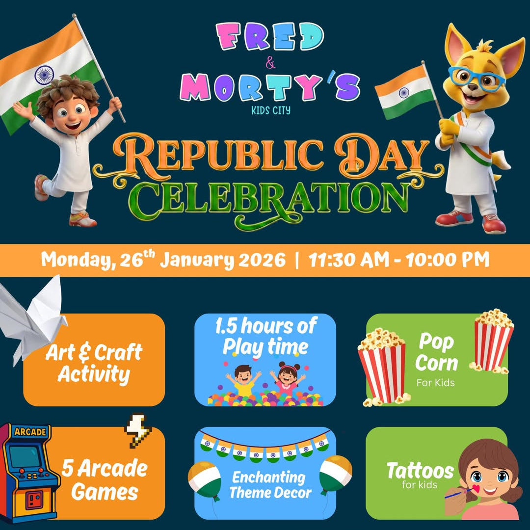 Advertisement for Fred & Morty's Kids City Republic Day Celebration with event details and activities.