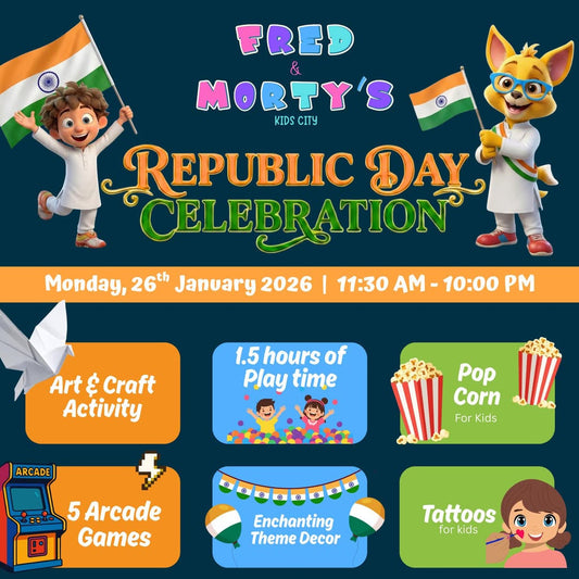 Advertisement for Fred & Morty's Kids City Republic Day Celebration with event details and activities.