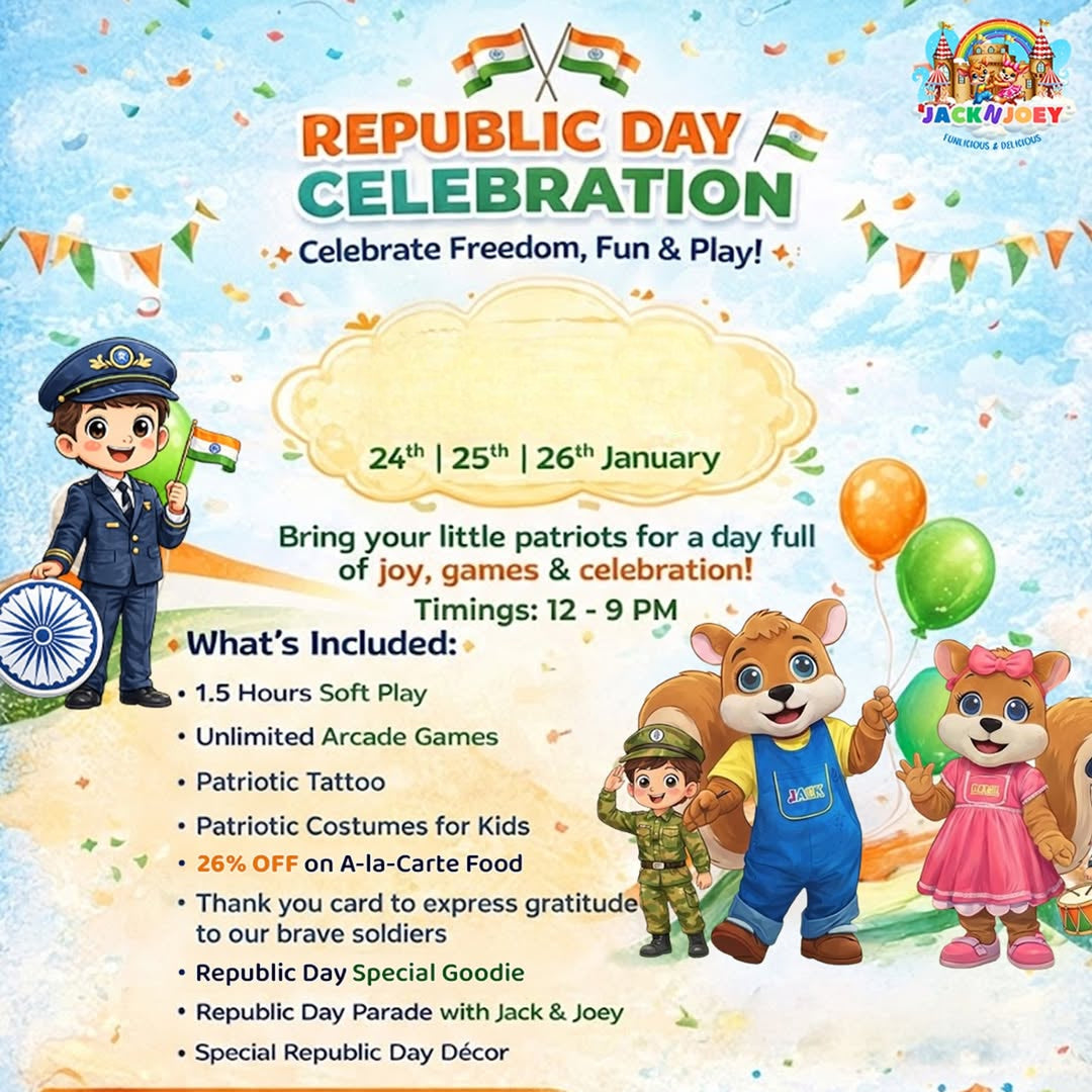 Advertisement for Republic Day celebration with cartoon characters and event details.