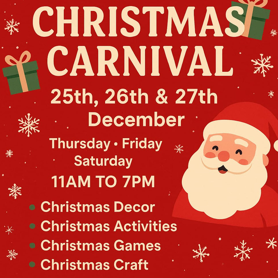 Advertisement for PurpleKidz Christmas Carnival with Santa Claus on a red background