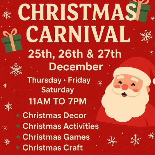 Advertisement for PurpleKidz Christmas Carnival with Santa Claus on a red background