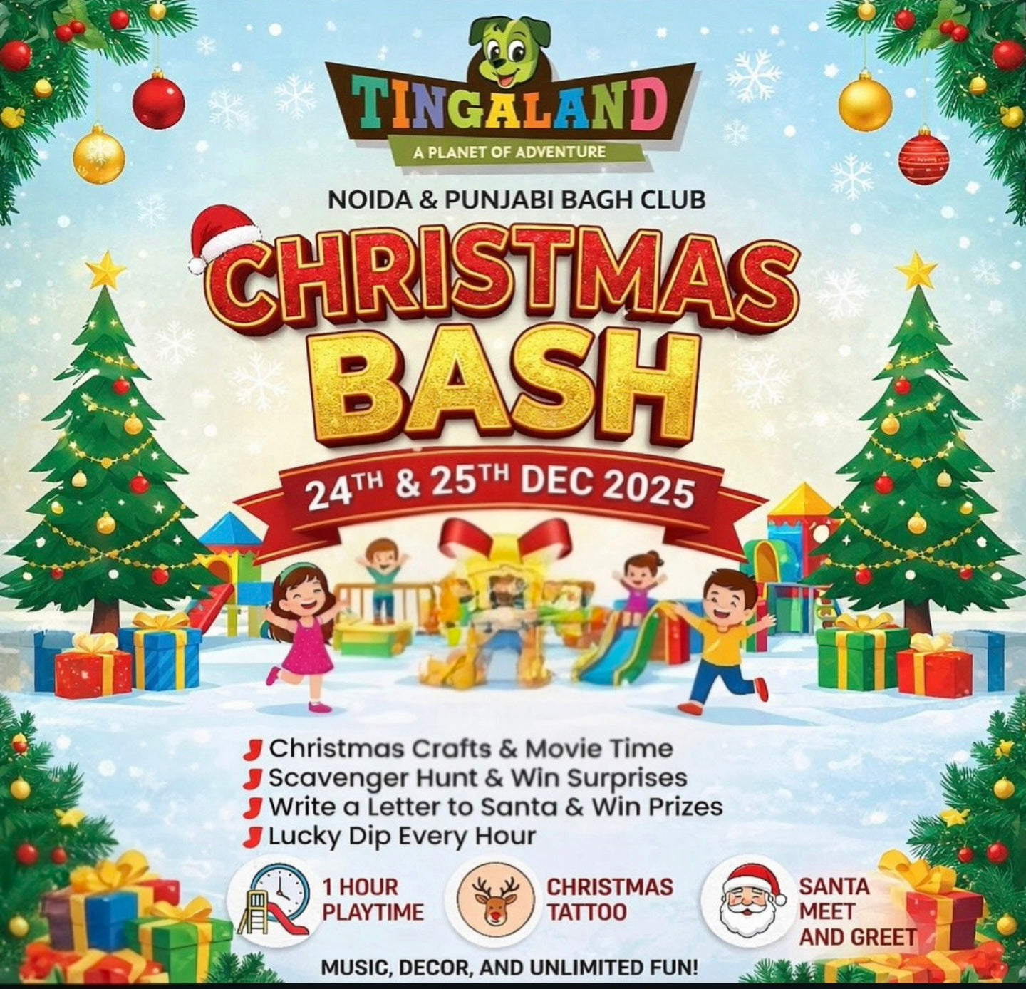 Advertisement for Tingaland Christmas Bash event with festive decorations and children playing.