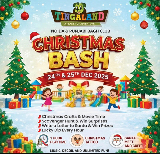 Advertisement for Tingaland Christmas Bash event with festive decorations and children playing.