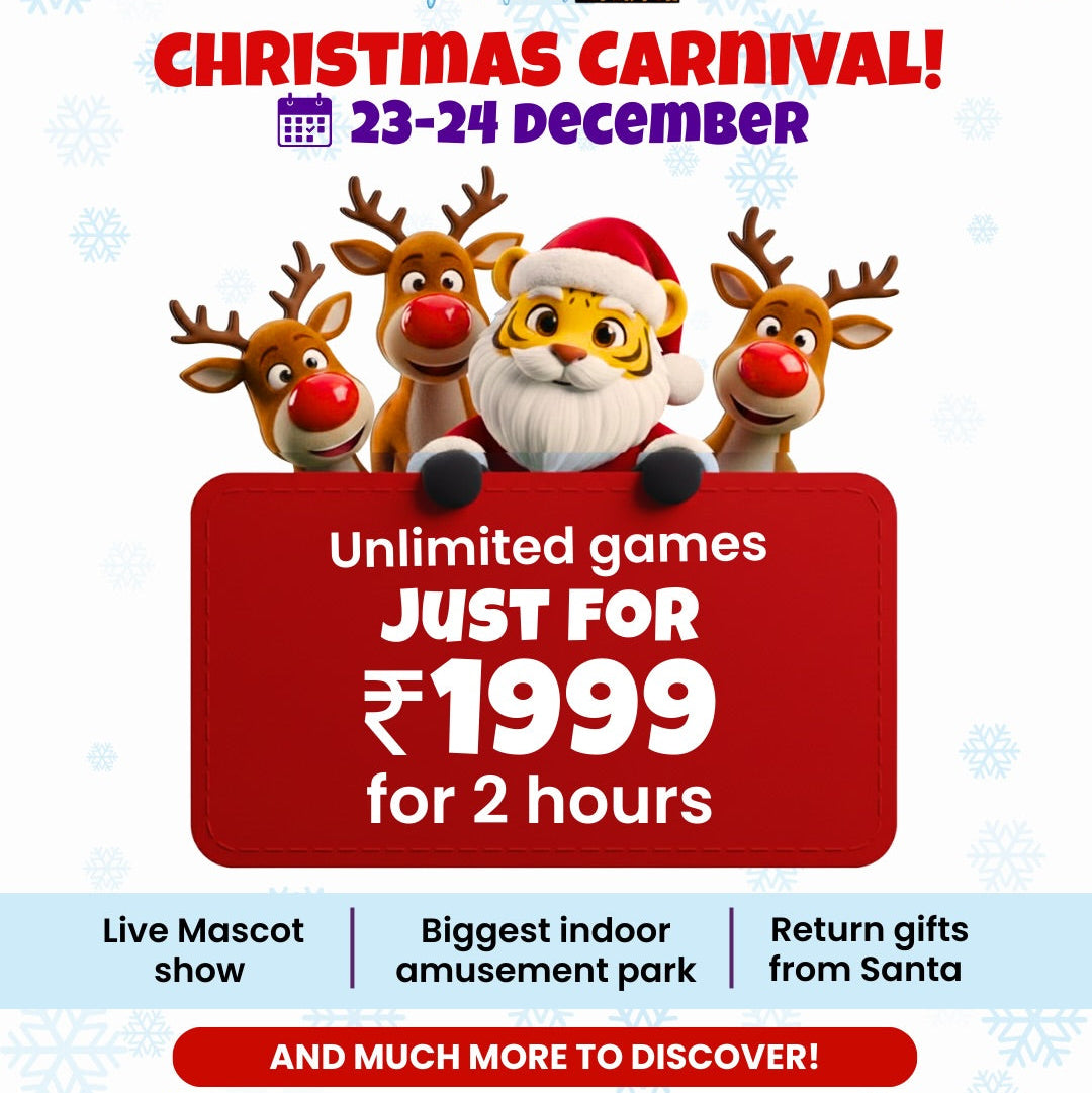 Advertisement for a Christmas Carnival event with Santa Claus and reindeer, featuring promotional text about game offers.