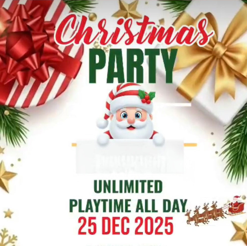 Christmas party flyer with Santa Claus, presents, and festive decorations on a white background.