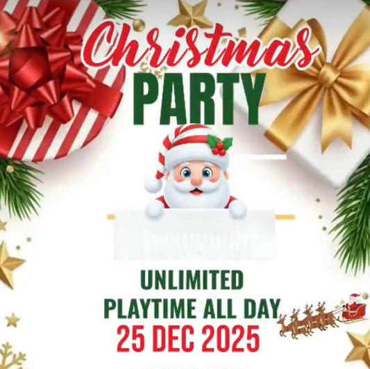 Christmas party flyer with Santa Claus, presents, and festive decorations on a white background.