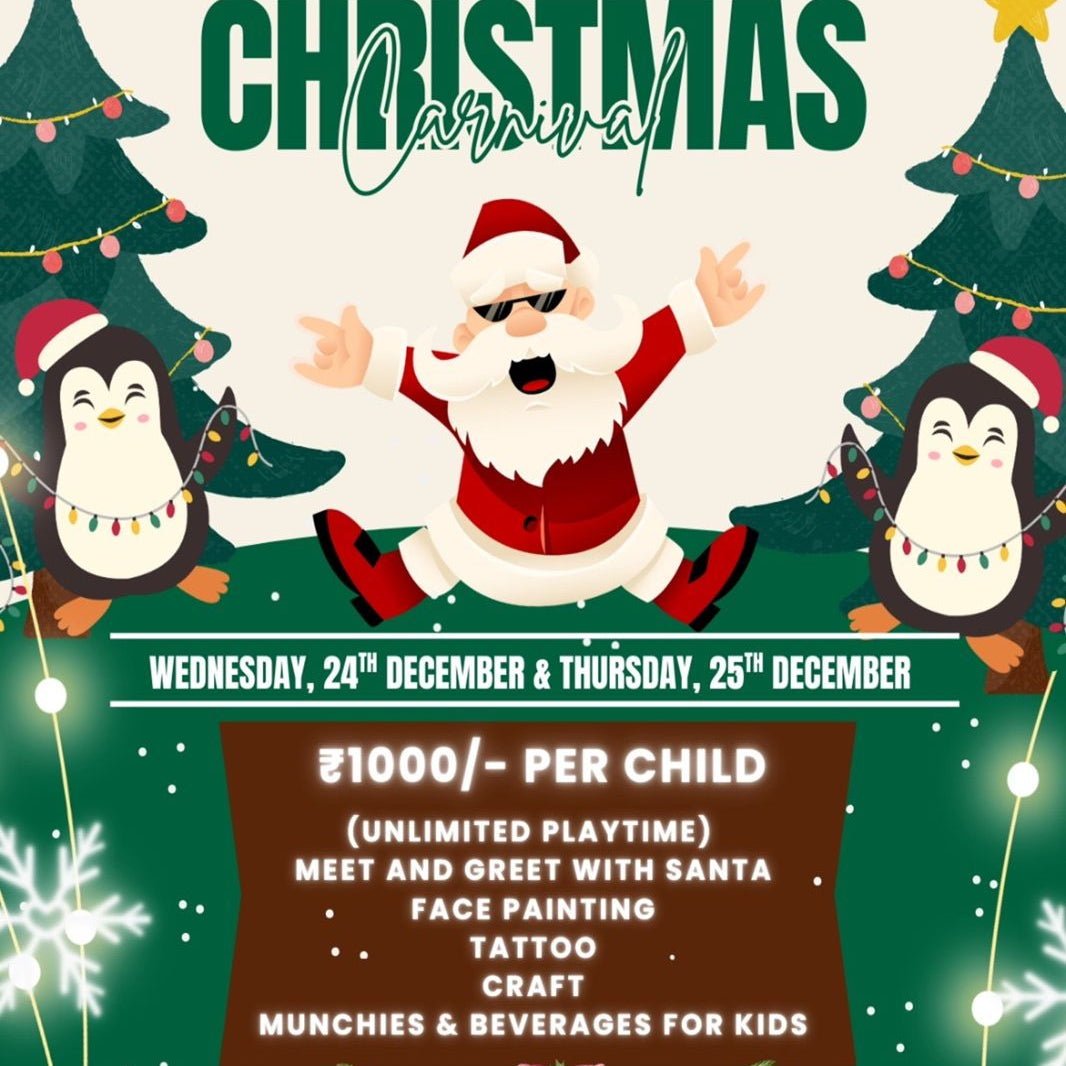 Christmas carnival flyer with Santa Claus, penguins, and Christmas trees on a green background.