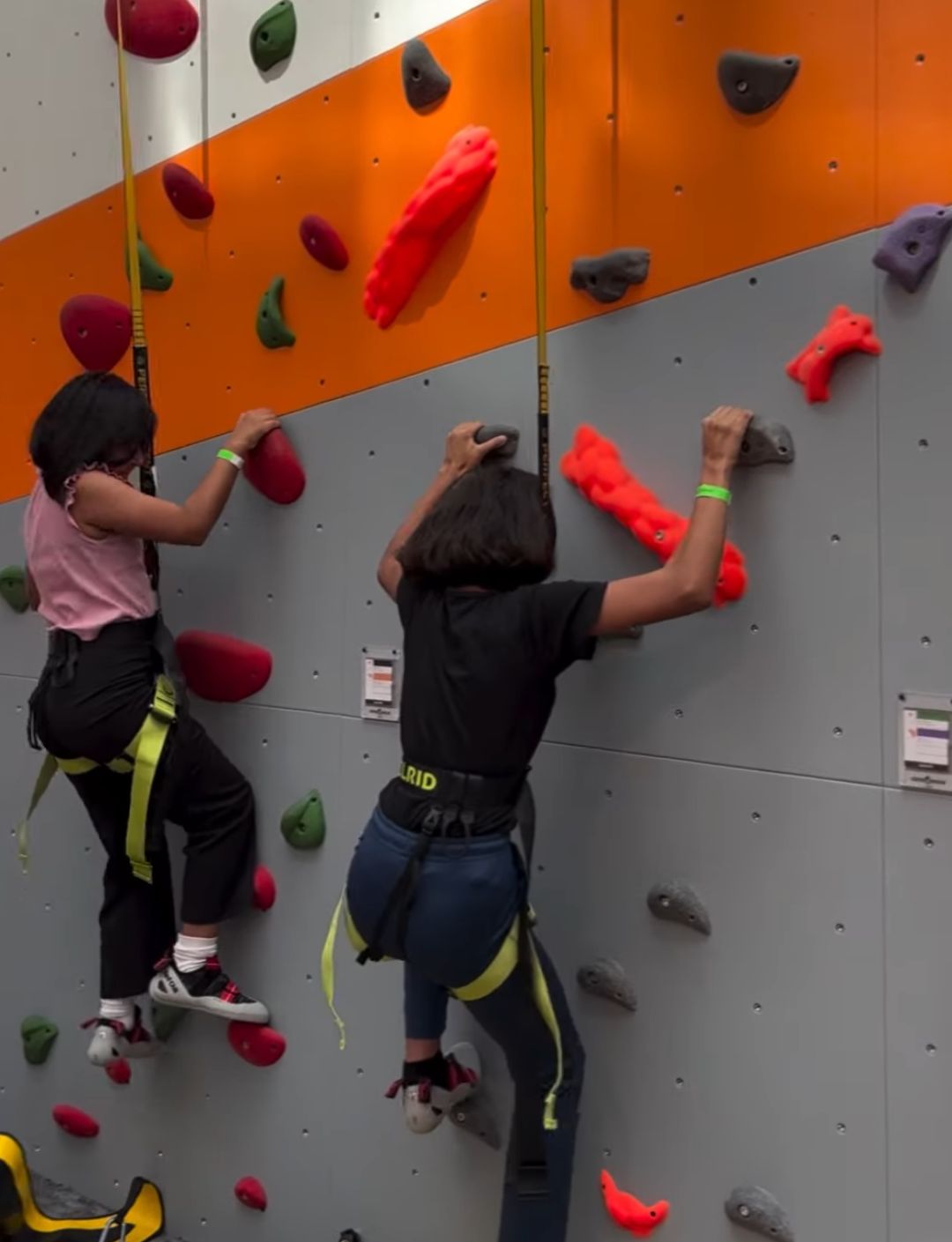 Two young children climb an indoor rock wall, wearing harnesses and climbing shoes.