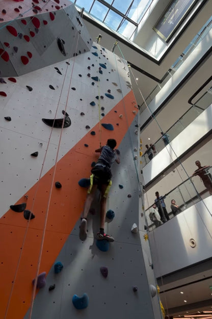 A young person climbs an indoor rock wall in a multi-level atrium, with spectators watching from balconies.