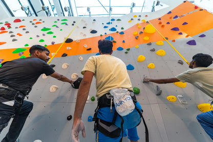 Three young men climb a colorful indoor rock wall, with ropes and harnesses visible.