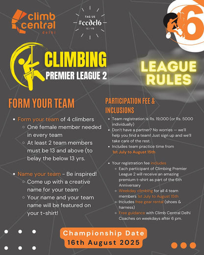Climbing Premier League at Climb Central (1 Jul - 16 Aug) | Mehrauli-Gurgaon Road New Delhi