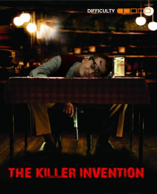 Man slumped over a table with a gun in hand in dimly lit room titled The Killer Invention at Kamla Nagar escape room