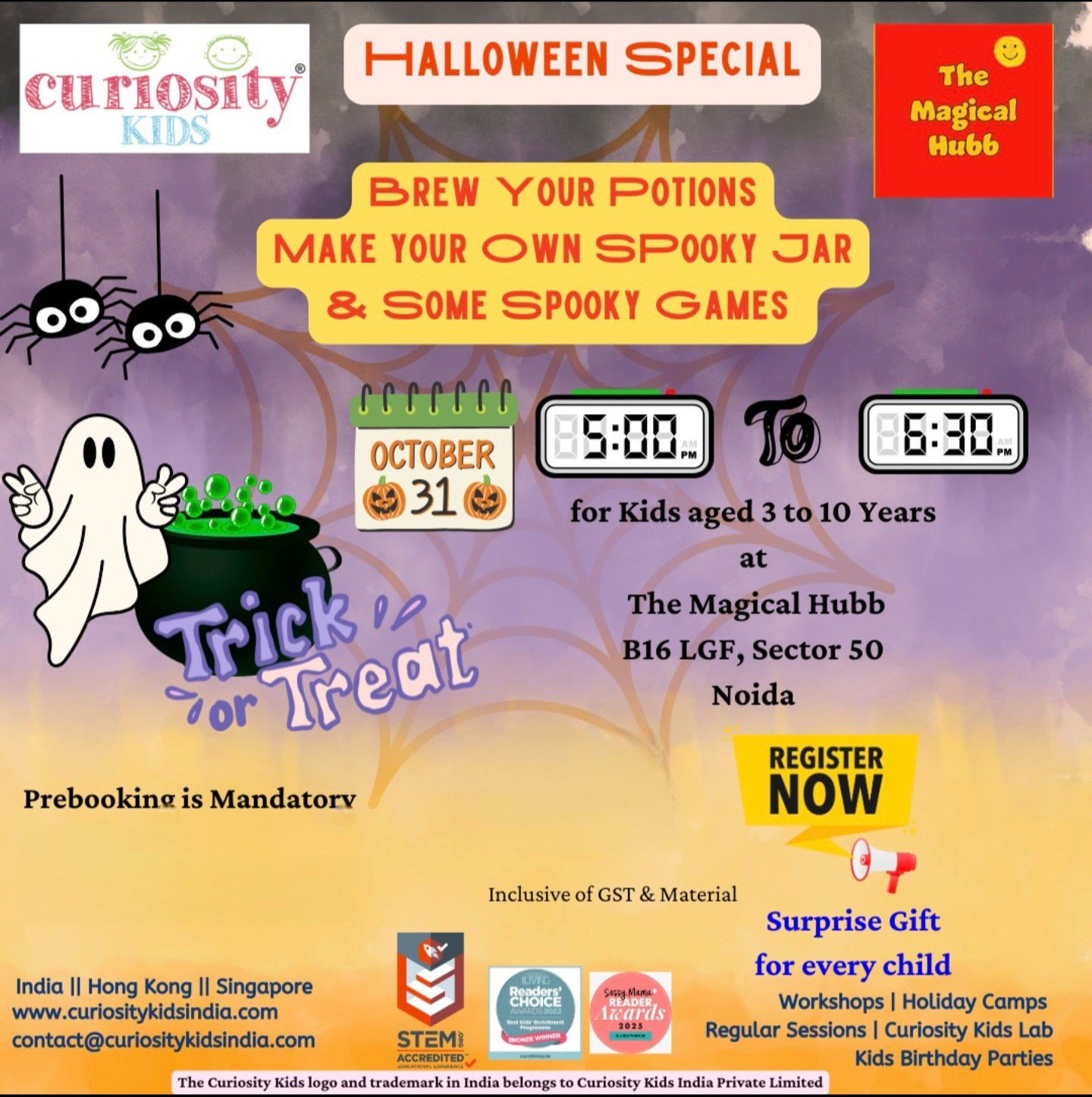 Promotional flyer for a Halloween event at The Magical Hubb with鬼魂, spider, and potion elements.