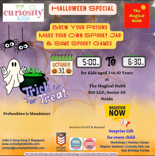 Promotional flyer for a Halloween event at The Magical Hubb with鬼魂, spider, and potion elements.