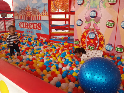 Children play in a colorful ball pit at a circus-themed indoor playground.