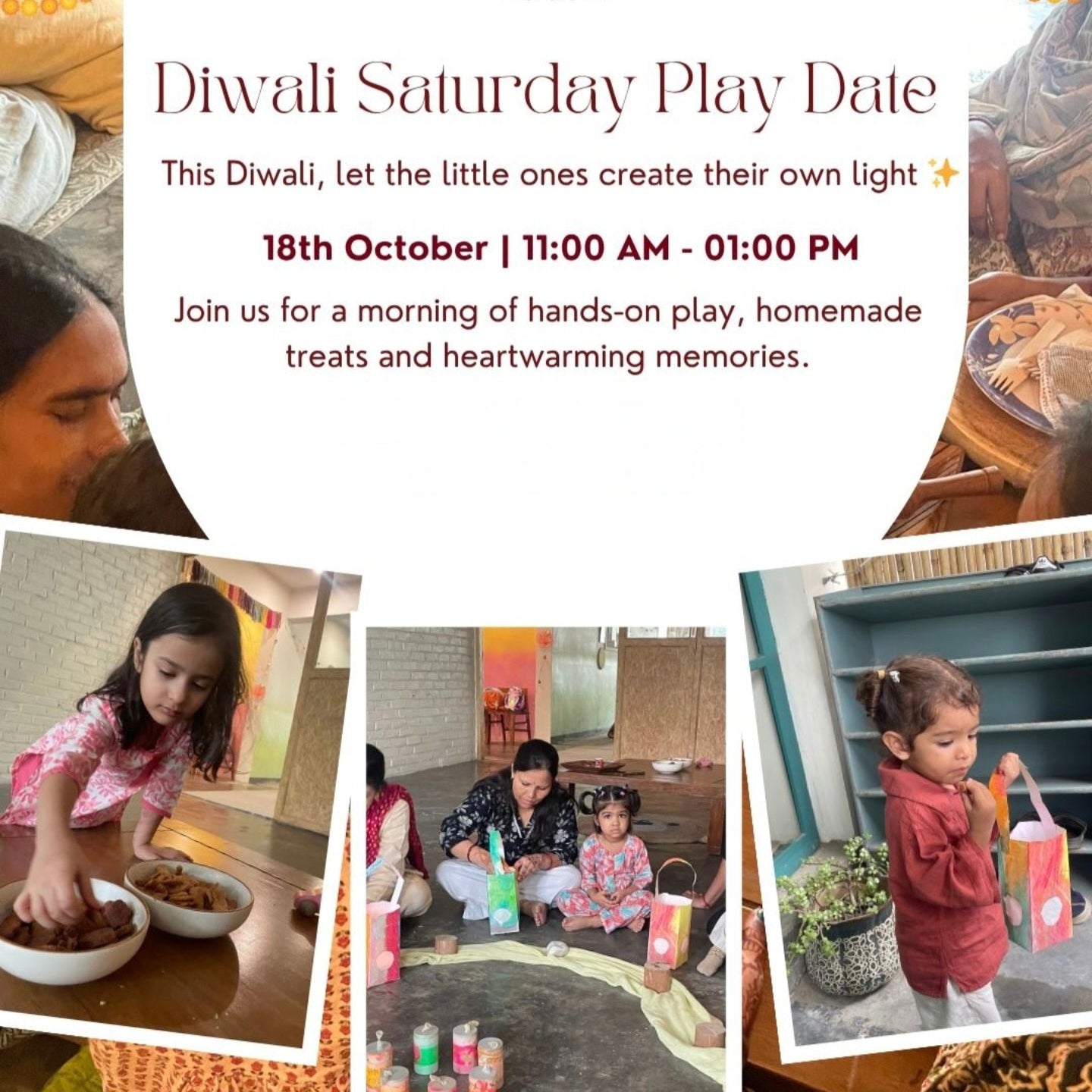 Promotional flyer for Diwali Saturday Play Date event with children playing and text details.