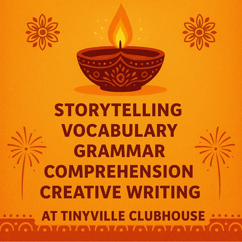 Promotional poster for a Diwali event at Tinyville Clubhouse with text and decorative elements on an orange background.