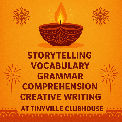Promotional poster for a Diwali event at Tinyville Clubhouse with text and decorative elements on an orange background.