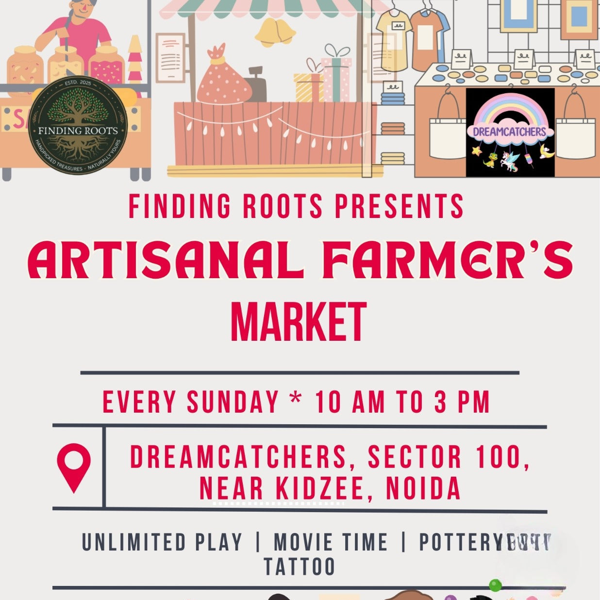 Advertisement for Artisanal Farmer's Market event with colorful illustrations and text.