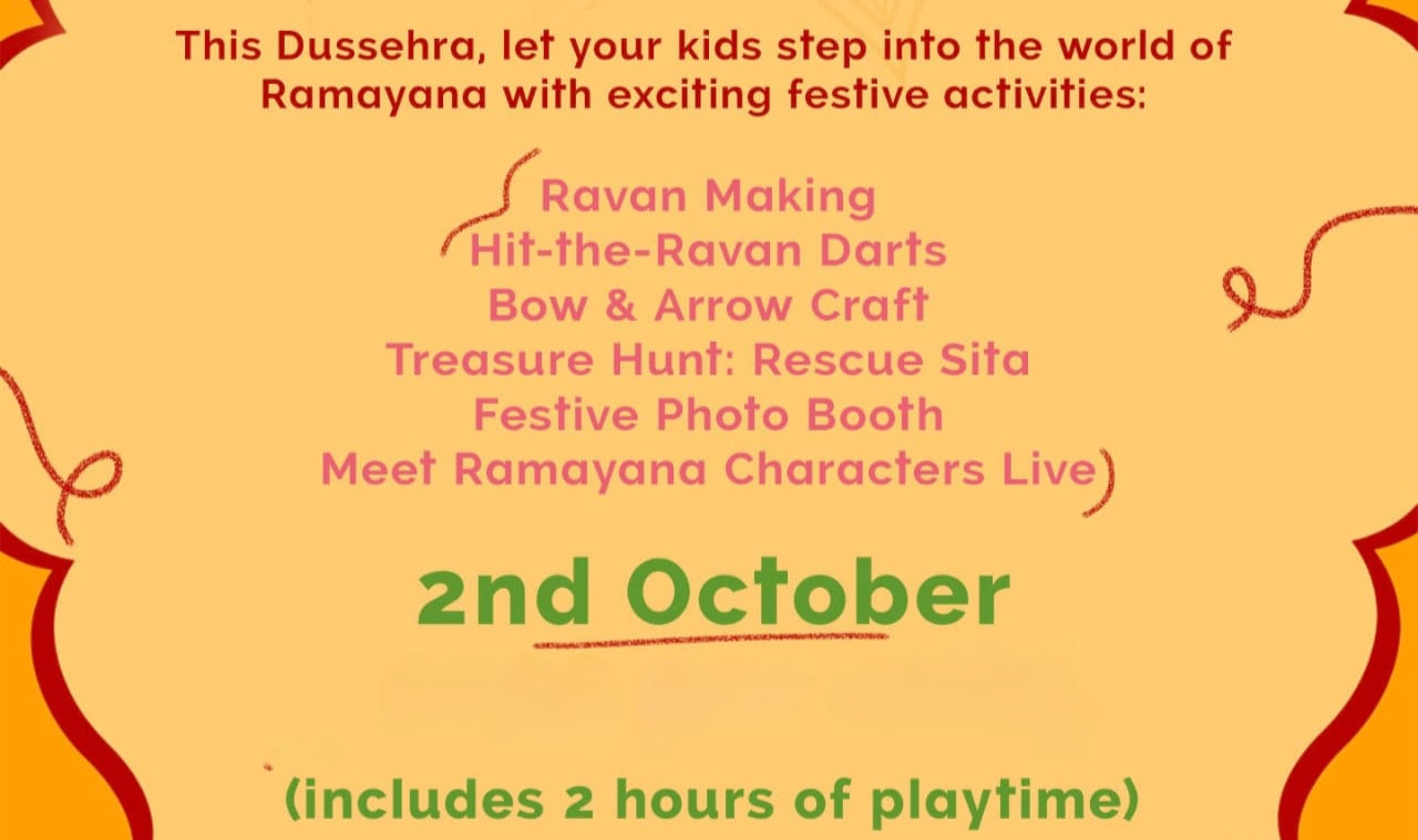 Promotional flyer for Mini Dusshera Mela event at Giggles N Joy with festive design elements.