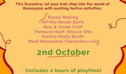 Promotional flyer for Mini Dusshera Mela event at Giggles N Joy with festive design elements.