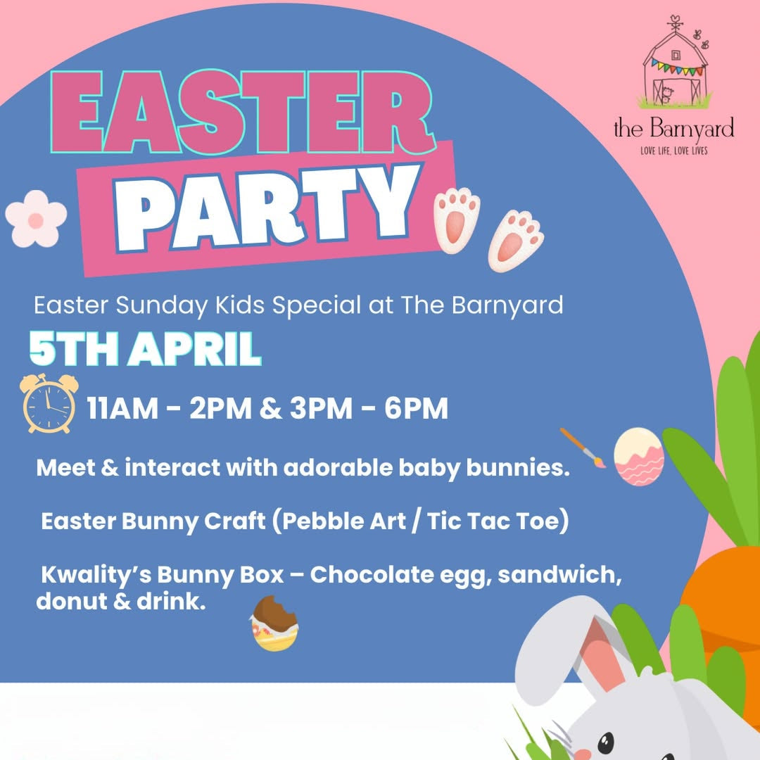 Easter party flyer with bunny illustration and event details at The Barnyard.