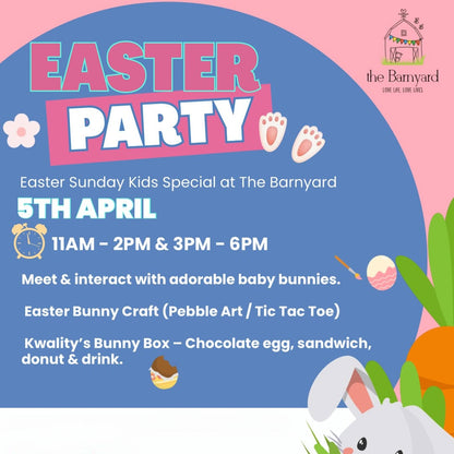 Easter party flyer with bunny illustration and event details at The Barnyard.