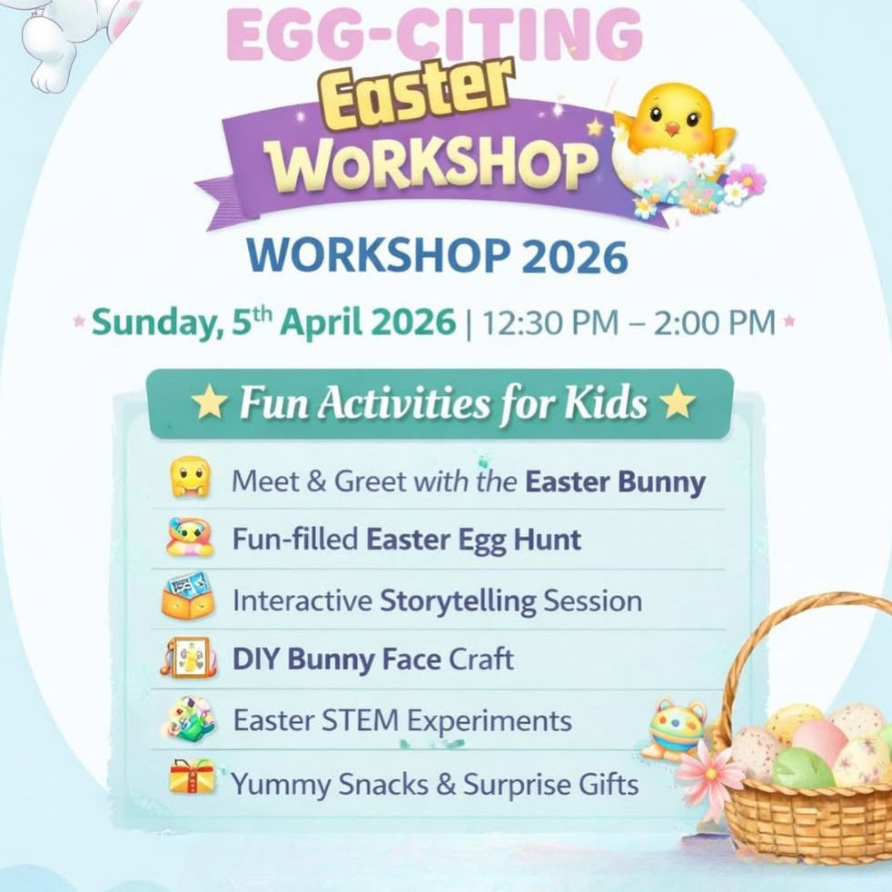 Advertisement for an Easter workshop with activities and details on a light blue background.