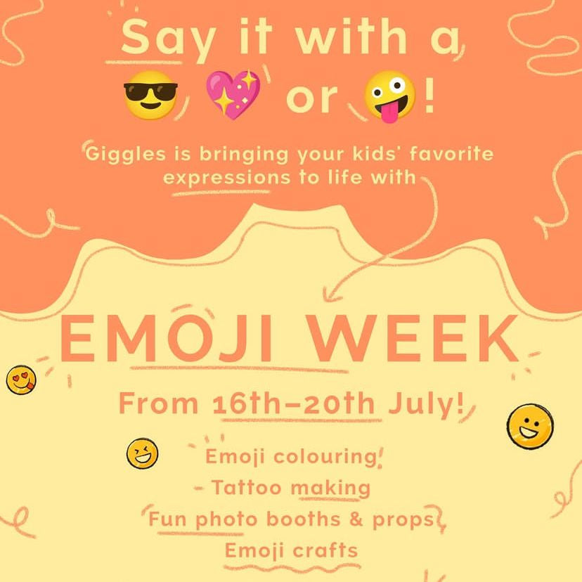 Emoji Week event with emoji-themed text and graphics on a pink background.